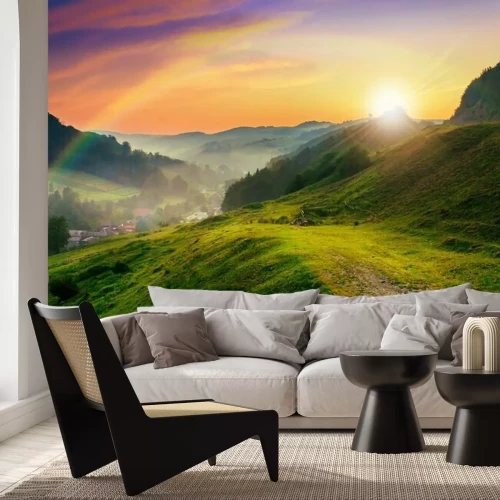 Fototapete Idyllische Landschaft mit Regenbogen