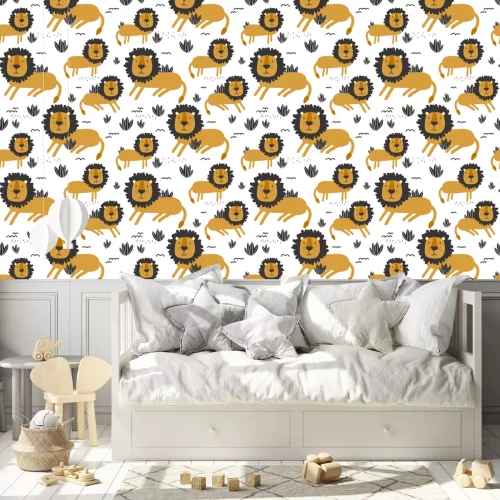 Tapete Niedliche Löwen und minimalistische Pflanzen