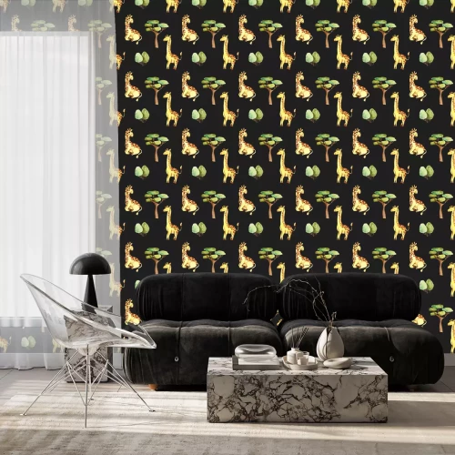 Tapete Aquarellgiraffen und Bäume auf schwarzem Hintergrund