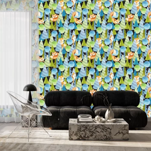 Tapete Füchse Bäume und Monde in grün-blauen Tönen