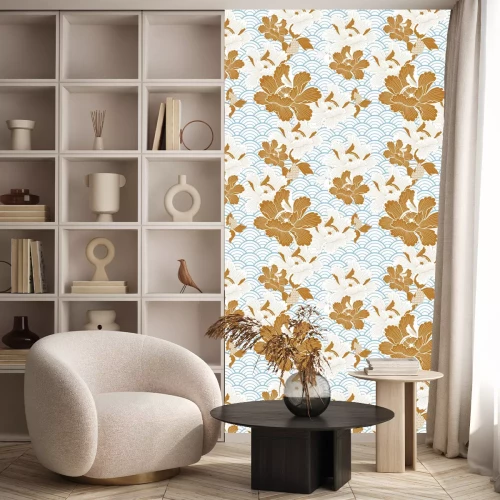 Tapete Orientalische japanische Welle und orangefarbene Blumen