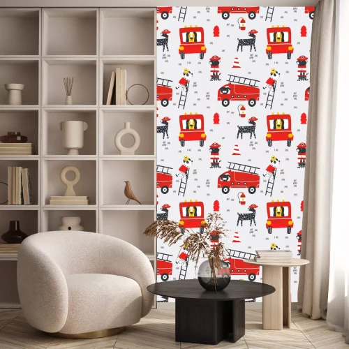 Tapete Kindliches nahtloses Muster mit Feuerhunden. Trendiger skandinavischer Vektorhintergrund. Perfekt für Kinderbekleidung, Stoff, Textilien, Kinderzimmerdekoration, Geschenkpapier