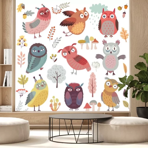 Sticker Cute Woodland owls. Funny characters with different mood. Vector illustration.