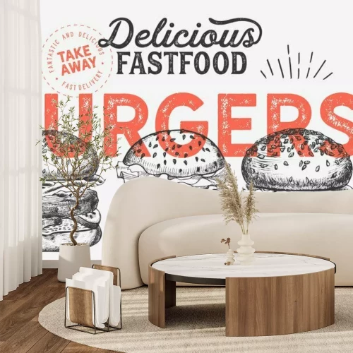 Fototapete Graue Burger und rote Inschrift