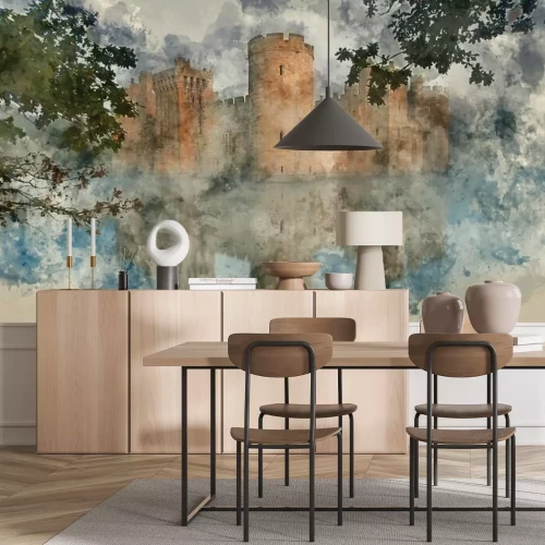 Fototapete Watercolor painting of medieval castle at sunrise landscape