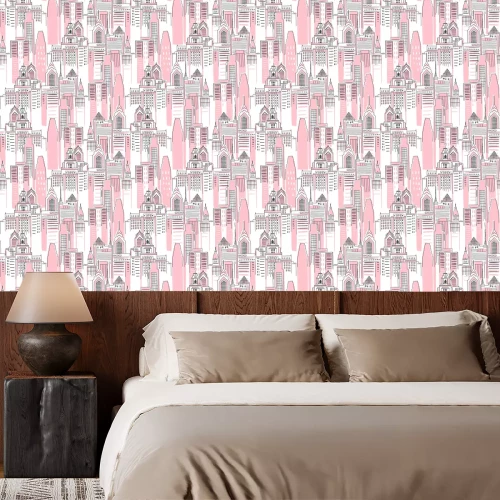 Tapete Moderne New Yorker Stadtlandschaft in der rosa Farbe. Nahtloses Muster des mädchenhaften Superheldenmotivs. Vektor-Doodle-Grafiken. Vervollkommnen Sie für kleines Mädchenentwurf wie T-Shirt Textil Sto