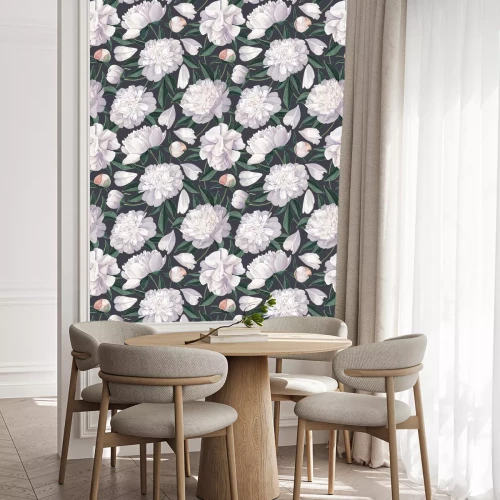 Tapete Pfingstrosen wei? gro?e Bl?ten dunkler Hintergrund