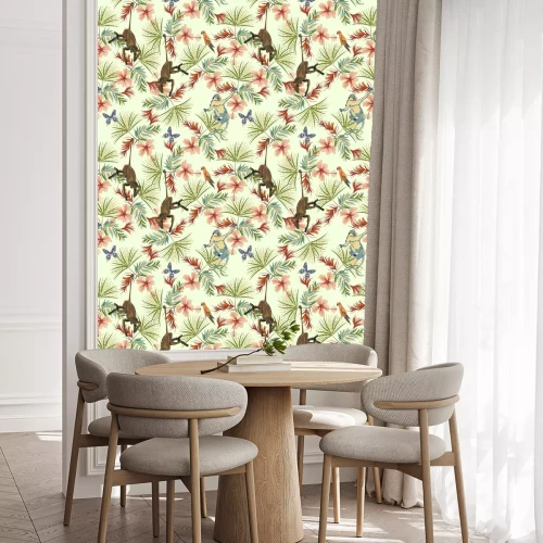 Tapete Tropisches nahtloses Muster mit Blumen, Affen und Papageien. Vektor Blumenfleck für Druck