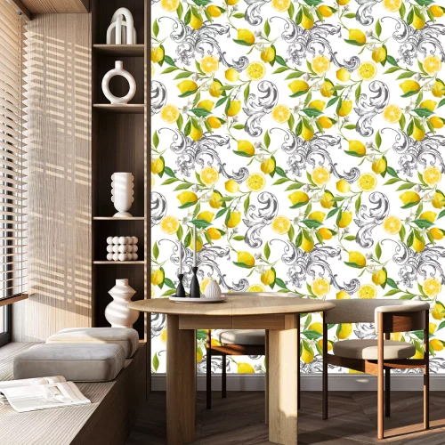 Tapete Nahtloses Muster mit Vintage-Barocco-Design mit gelben Zitronenfrüchten, Blumenhintergrund mit Blumen, Blättern, Zitronen für Tapeten, Stoff, Druck. Vektorillustration