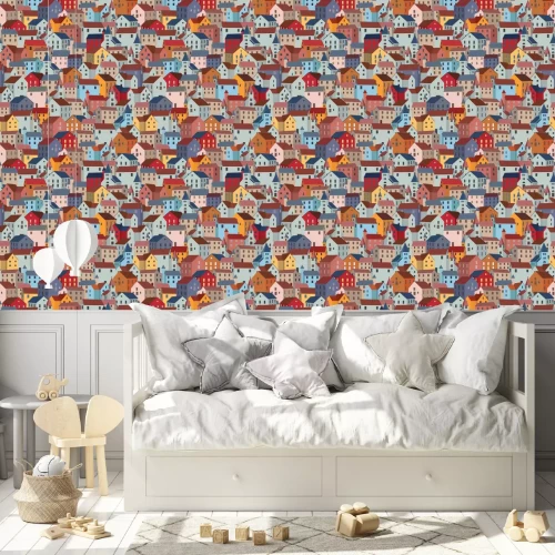 Tapete Seamless pattern with colorful houses. City or town texture.