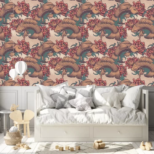 Tapete Japanische orientalische Fische und rote Blumen