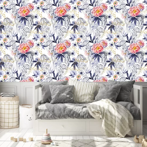 Tapete Englische Rosen blaue Bl?tter und Quallen