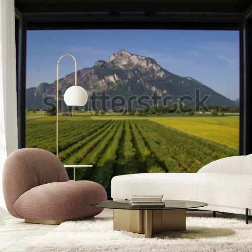 Fototapete Berg vor einem feld