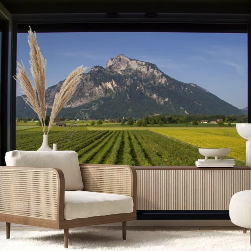 Fototapete Berg vor einem feld