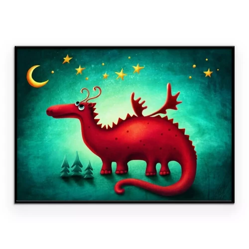 Poster Eine märchenhafte Illustration mit einem roten Drachen