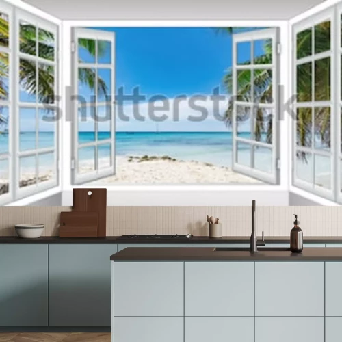 Fototapete Verglaste Terrasse mit Blick auf den Strand unter Palmen