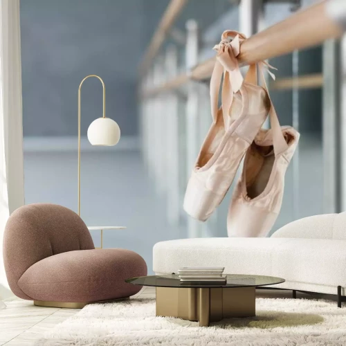 Fototapete Rosa Spitzenschuhe an einer Stange im Ballettstudio