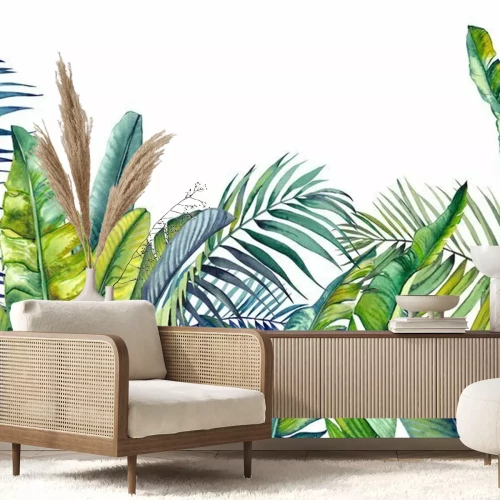 Fototapete Tropical palm and banana leaves. Jungle wallpaper. Isolated watercolor background.