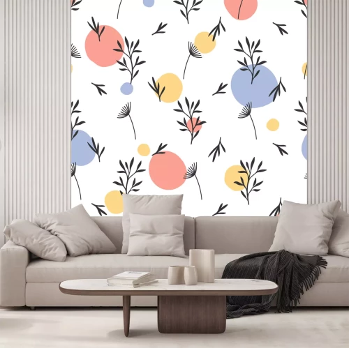 Sticker Nahtloses Blumenmuster. Flache botanische Verzierung mit Elementen der Natur und handgezeichneten Punkten. Einfache sich wiederholende Textur. Moderner Originalstoff, Geschenkpapier, Innenarchitektur.