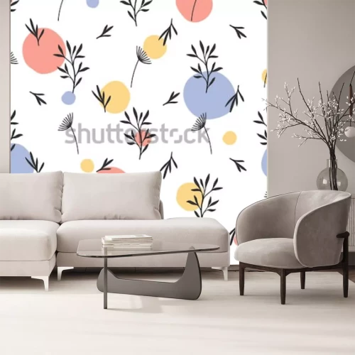 Sticker Nahtloses Blumenmuster. Flache botanische Verzierung mit Elementen der Natur und handgezeichneten Punkten. Einfache sich wiederholende Textur. Moderner Originalstoff, Geschenkpapier, Innenarchitektur.