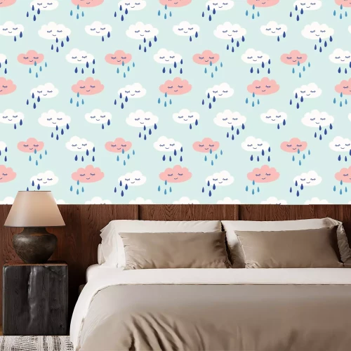 Tapete Rainy clouds with eyes and smile cute seamless pattern. Print for kids. Vector hand drawn illustration