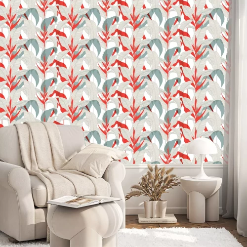 Tapete Nahtloses Blumenmuster im orientalischen Vintage-Stil. Exotische Blätter mit roten Heliconia-Blüten auf hellem Hintergrund. Vektorillustration