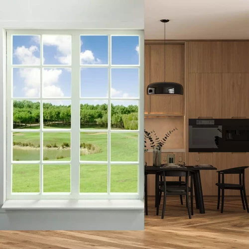 Fototapete Ein Fenster mit Blick auf einen Teich Gras und Bäume