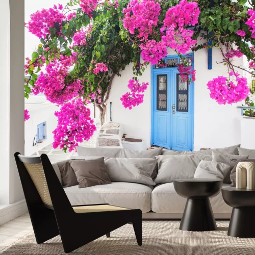 Fototapete Traditionelles griechisches Haus mit Blumen in Paros-Insel, Griechenland