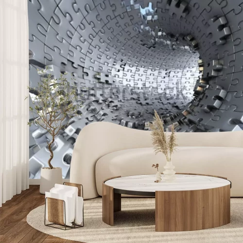 Fototapete Ein Tunnel aus Metallpuzzleteilen mit 3D-Effekt