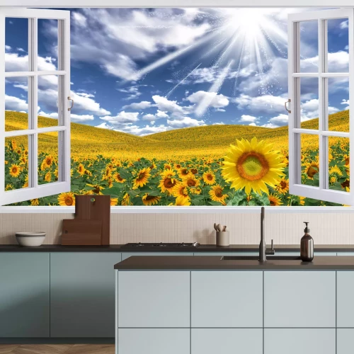 Fototapete Fenster mit Sonnenblumen