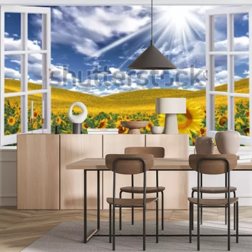 Fototapete Fenster mit Sonnenblumen