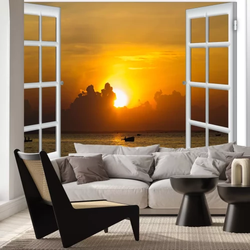 Fototapete Fensterblick auf Meer und Sonnenuntergang