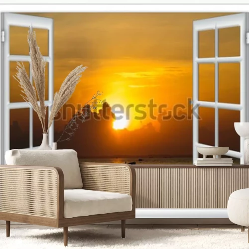 Fototapete Fensterblick auf Meer und Sonnenuntergang