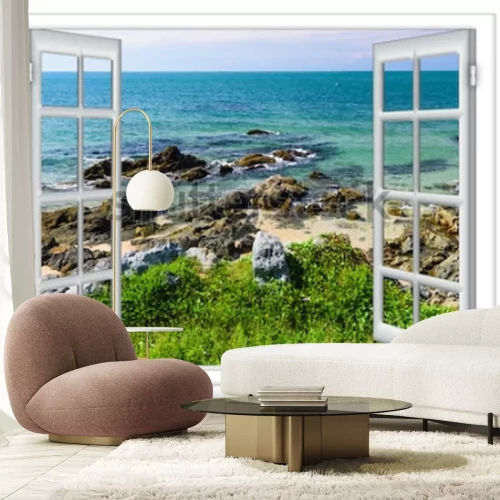 Fototapete Meerblick aus dem Fenster auf der Insel des sonnigen Sommertages