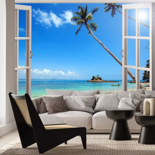 Fototapete Blick auf einen tropischen Strand aus einem offenen Fenster