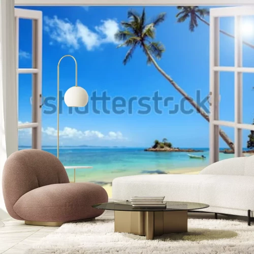 Fototapete Blick auf einen tropischen Strand aus einem offenen Fenster