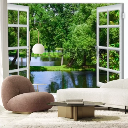 Fototapete Blick aus dem Fenster in den Gewässer und den Baum im Sommer