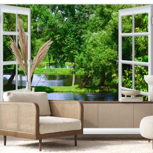 Fototapete Blick aus dem Fenster in den Gewässer und den Baum im Sommer