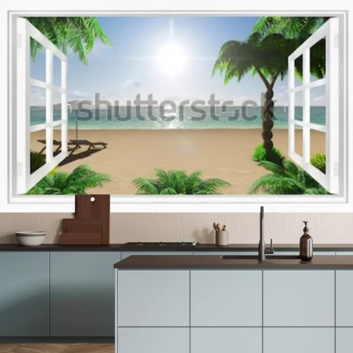 Fototapete Tropische Strandansicht des Meeres vom Fenster