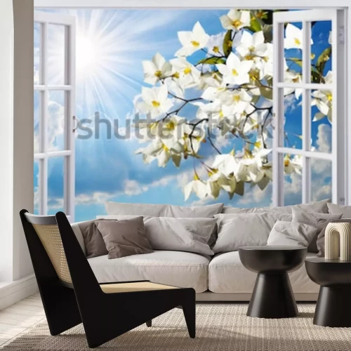 Fototapete Blühende Zweige vor dem Fenster