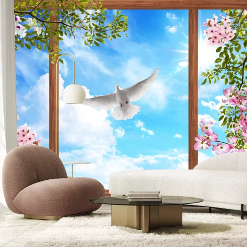 Fototapete Fenster mit Blick auf blühende Zweige und eine weiße Taube