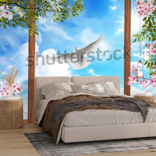 Fototapete Fenster mit Blick auf blühende Zweige und eine weiße Taube