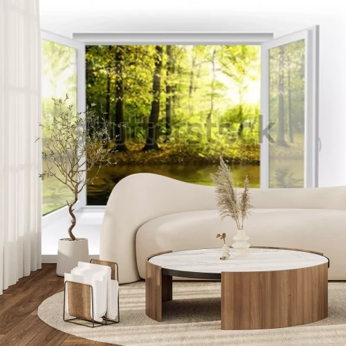 Fototapete Ein Fenster mit Blick auf Wasser und Wald