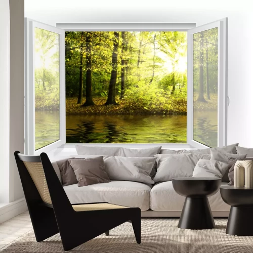 Fototapete Ein Fenster mit Blick auf Wasser und Wald