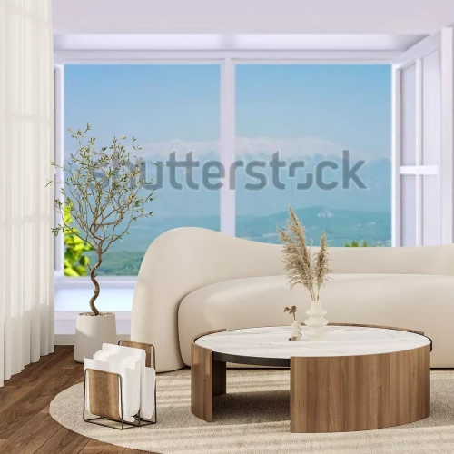 Fototapete Ein Fenster mit Blick auf eine Berglandschaft