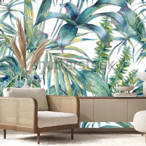 Sticker Nahtloses Muster der natürlichen Blätter exotisches Aquarell, grüne tropische Blätter, Farn, dichter Dschungel, handgemalte botanische Sommerillustration auf weißem Hintergrund