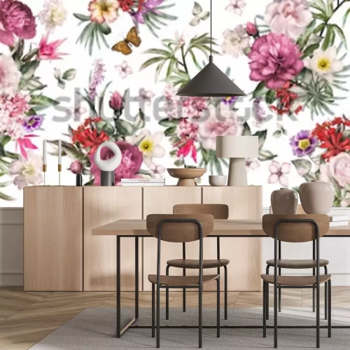 Sticker Romantische Komposition mit Blumen und Schmetterlingen