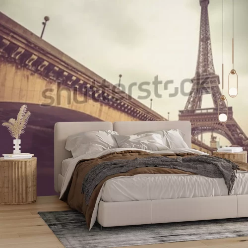 Fototapete Brücke und Eiffelturm am bewölkten Tag