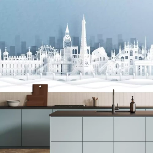 Sticker Panorama postcard and travel poster of world famous landmarks of europe, Holland, France, Germany, Belgium, Spain and England in paper cut style vector illustration