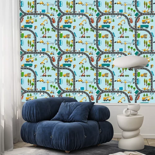 Tapete Vehicle pattern design with several machines - funny hand drawn doodle, seamless pattern. Lettering poster or t-shirt textile graphic design. / wallpaper, wrapping paper, background.